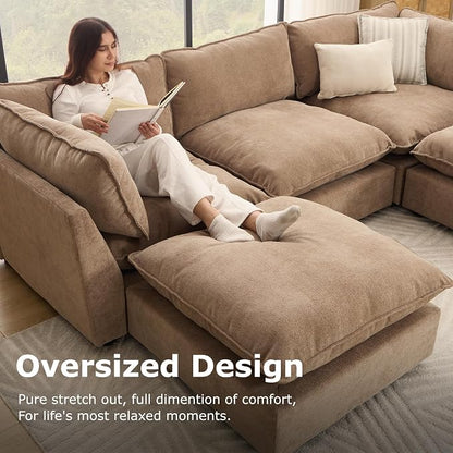 Iroomy Modular Sectional Sofa, Oversized Chenille Cloud Couch, Deep Comfy Seat, 3-Seater Sofas Couches for Living Room, Khaki