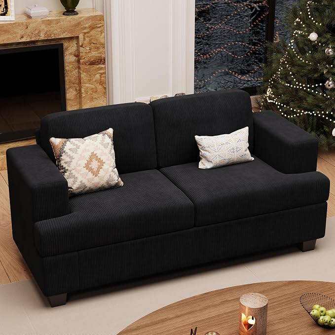 YOUDENOVA 63” Corduroy Loveseat Sofa Couch for Living Room, Small Couch with Deep Seat for Bedroom, Comfy Could Loveseat for Small Living Room, Black Corduroy