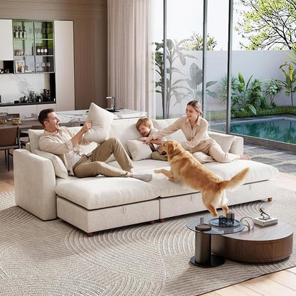 Ihanherry 117" Oversized Modular Sectional Sofa, Modern Cloud Couch with 3 Storage Ottoman, 6-Seat Comfy Chenille Deep Seat Sofa with 2 Pillows for Living Room, Beige