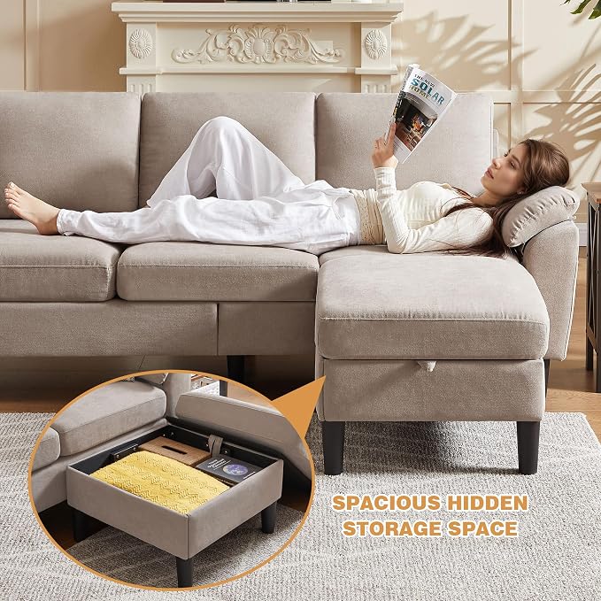 3 Piece Convertible Sectional Sofa Set, Modern Linen Small L Shaped Couch with Reversible Ottoman and Accent Chair, 3-Seat Sofa Couches for Living Room, Office, Apartment, Beige