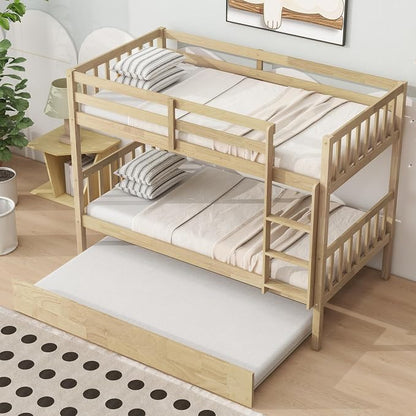 Harper & Bright Designs Convertible Wood Twin-Over-Twin Bunk Bed with Trundle and Ladder - Can Be Divided Into Two Platform Beds, White Oak