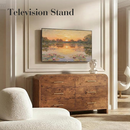 Curved 6-Drawer Dresser for Bedroom, 54" Wide Modern Chest of Drawers, Vanity Desk TV Stand for Living Room, Closet Storage Drawers Organizer Furniture, Nursery, Dark Burl