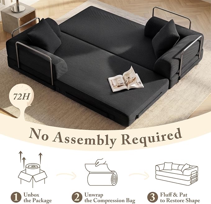 Cloud Boneless Convertible Sofa Bed, 5-in-1 Foldable Compressed High-Density Sponge Sofa, 70" Corduroy Fabric 2 Seater Sleeper Couch Futon Daybed for Living Room Bedroom (Black)