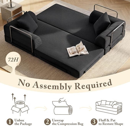 Cloud Boneless Convertible Sofa Bed, 5-in-1 Foldable Compressed High-Density Sponge Sofa, 70" Corduroy Fabric 2 Seater Sleeper Couch Futon Daybed for Living Room Bedroom (Black)