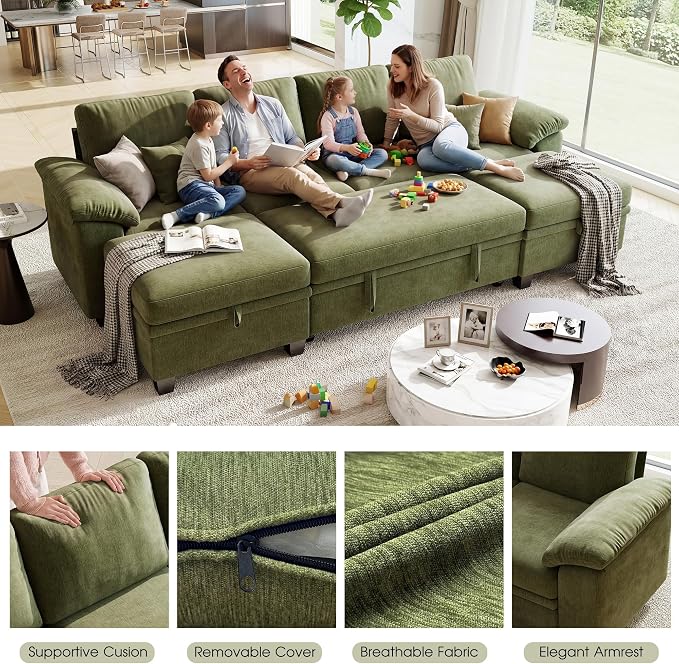 107.8" Modular Sectional Sleeper Sofa Bed, U Shaped 6 Seat Pull Out Couch with Storage Ottoman, Convertible Cloud Couch Bed, Sectional Couches for Living Room, Apartment (Green)