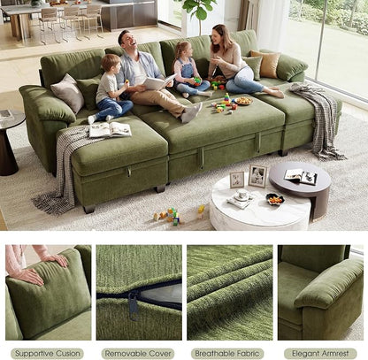 107.8" Modular Sectional Sleeper Sofa Bed, U Shaped 6 Seat Pull Out Couch with Storage Ottoman, Convertible Cloud Couch Bed, Sectional Couches for Living Room, Apartment (Green)