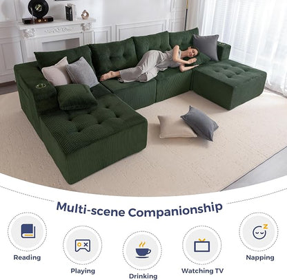 MAXYOYO 129.5" Modular Sectional Sofa Couch, U Shaped Modern Cloud Couch, Sofa in A Box, Tufted 6-Seat Boneless Lounger for Living Room, No Assembly Required, Dark Green