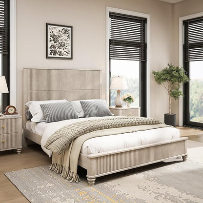 3-Pieces Bedroom Sets, Queen Size Platform Bed with 2 Nightstands, Solid Wood Platform Bed Frame with Tall Headboard and Classic American Turned Legs (Beige-5.25, Queen)