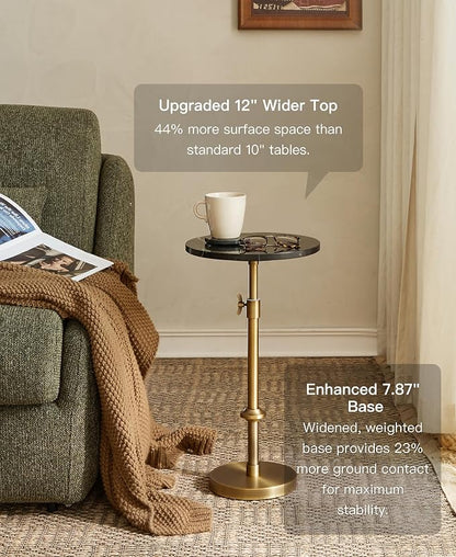 Adjustable-Height Marble Drink Table - 12x12x22-30, Black Marble & Antique Brass, Modern Round End Table, Side Table with Pedestal Stand for Small Spaces, Vintage Metal Martini Cocktail Accent