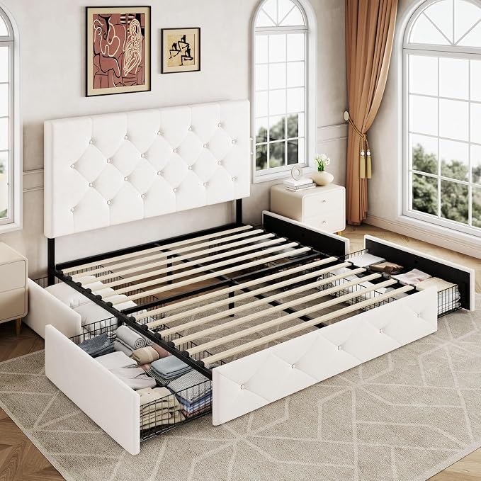 Allewie Upholstered Full Size Platform Bed Frame with 4 Storage Drawers and Adjustable Headboard, Diamond Button Tufted, Wooden Slats Support, Noise-Free, No Box Spring Needed, Easy Assembly, White