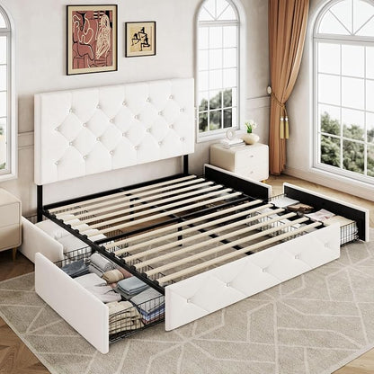 Allewie Upholstered Queen Size Platform Bed Frame with 4 Storage Drawers and Adjustable Headboard, Diamond Button Tufted, Wooden Slats Support, Noise-Free, No Box Spring Needed, Easy Assembly, White