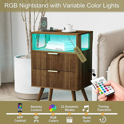 JOONEE Nightstand with Charging Station and LED Lights,Modern Bedside Table with 2 Storage Drawer and Open Wood Shelf, for Bedroom and Small Spaces,Night Stand with Solid Wood Legs,Walnut Brown