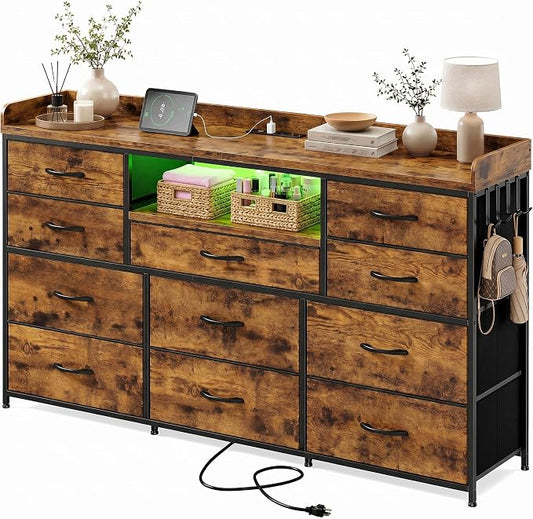 Bepatio LED Dresser for Bedroom with 11 Drawers,Power Strip,4 Hooks,Brown | Stylish Dressers & Chests of Drawers with 2 Wood Storage Shelves, TV Stand for 50/55/60 Inch TVs, Sturdy Metal Frame