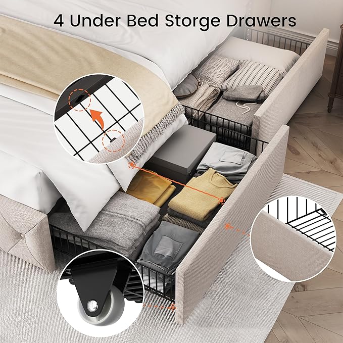 LARMACE Queen Size Bed Frame with 4 Storage Drawers and 47.2" Tall Tufted Headboard Linen Upholstered Platform Bed Frame Wingback Beds with Wooden Slats Support, Easy Assembly, Beige