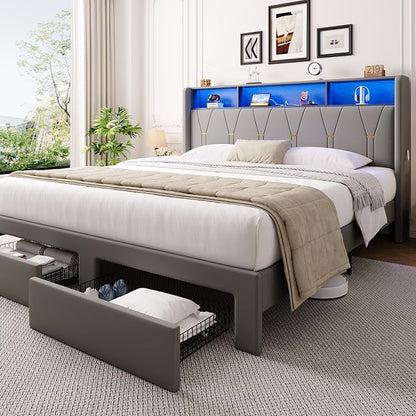 Allewie King Bed Frame with 2-Tier Storage Headboard, Charging Station & LED Lights, Velvet Upholstered Platform Bed with 2 Drawers, Wingback Headboard, Gold Button Tufted, No Box Spring Needed, Grey