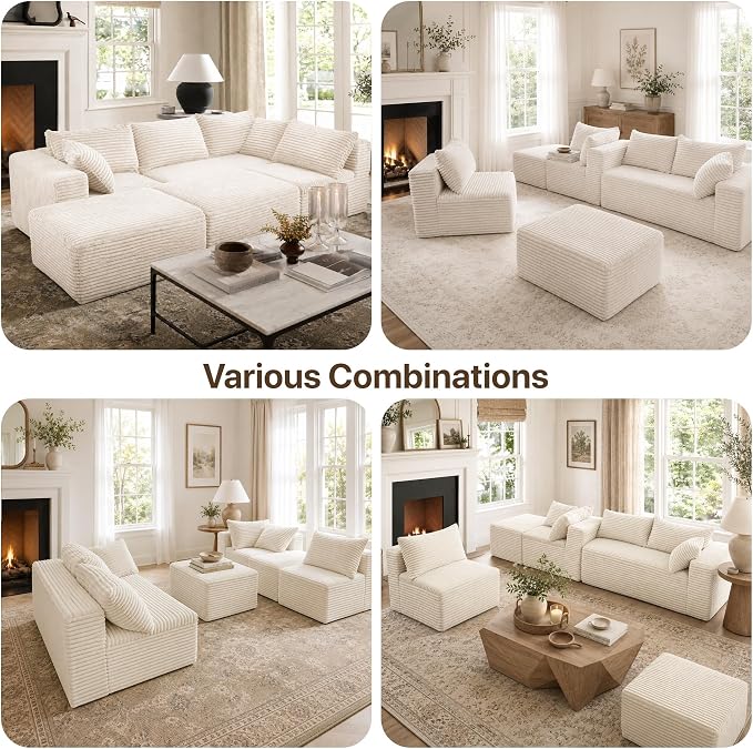 Claiks 120" Boneless Couch, Cloud Couch Sectional, U-Shape Corduroy Modular Sectional Sofa Deep Seat, Upholstered Couches for Living Room, No Assembly Required, Beige