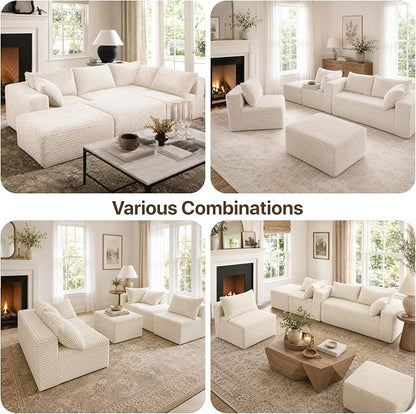 Claiks 120" Boneless Couch, Cloud Couch Sectional, U-Shape Corduroy Modular Sectional Sofa Deep Seat, Upholstered Couches for Living Room, No Assembly Required, Beige