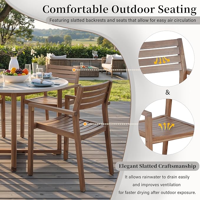 VilroCaz 5-Piece Acacia Wood Outdoor Dining Set for 4, All-Weather 47.2" Round Dining Table with 4 Armchairs and Slatted Design for Patios, Gardens, Pool Sides, and Lawn Areas (Light Brown-4.11)