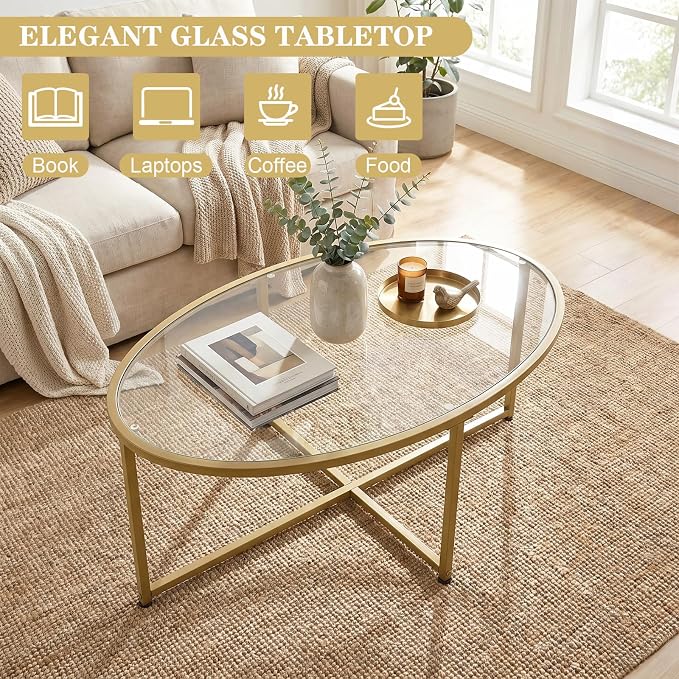 Wolawu Coffee Table Gold Oval Glass Coffee Tables for Living Room,Modern Gold Metal Frame Tea Tables for Small Space, Tempered Glass Top Center Table with Stable Cross Base for Bedroom, Office,Balcony