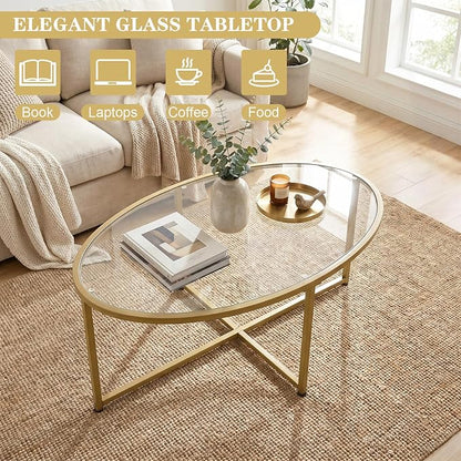 Wolawu Coffee Table Gold Oval Glass Coffee Tables for Living Room,Modern Gold Metal Frame Tea Tables for Small Space, Tempered Glass Top Center Table with Stable Cross Base for Bedroom, Office,Balcony