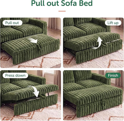 HONBAY Plush Corduroy Loveseat Sleeper Sofa,Modular Pull Out Sofa Bed,Couches for Living Room,Plush Green