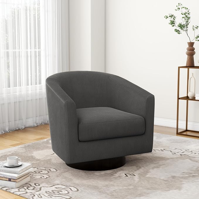 Swivel Accent Chair, Upholstered Corduroy Barrel Chair for Living Room, Small Single Sofa Bedroom Reading Seat, Gray