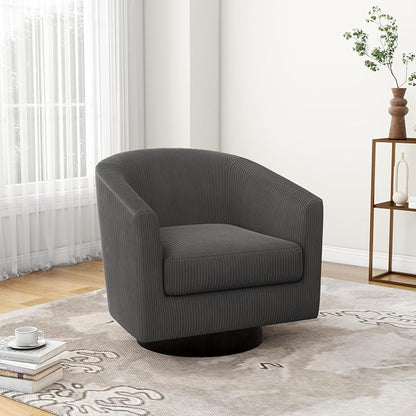 Swivel Accent Chair, Upholstered Corduroy Barrel Chair for Living Room, Small Single Sofa Bedroom Reading Seat, Gray
