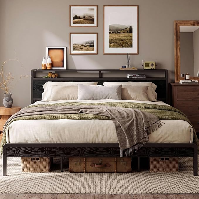 LIKIMIO King Bed Frame with Headboard, Dark Wood Camas King with Strong Supports, Sturdy, Noise-Free, No Box Spring Needed, Black