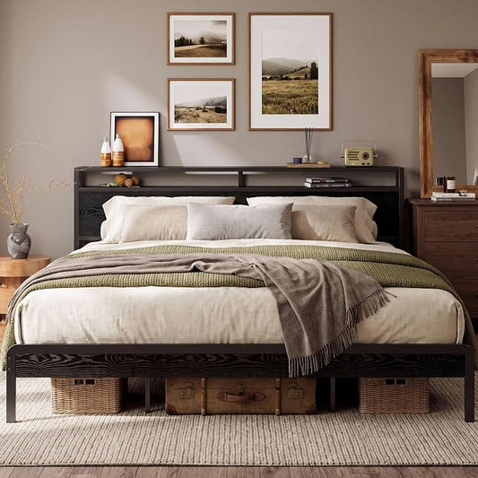 LIKIMIO King Bed Frame with Headboard, Dark Wood Camas King with Strong Supports, Sturdy, Noise-Free, No Box Spring Needed, Black