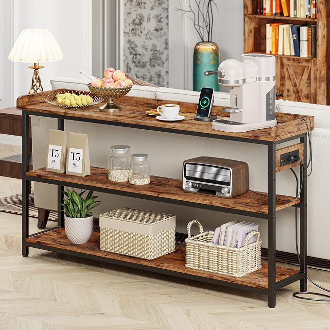IRONCK Console Table, Sofa Table with Power Outlet, Farmhouse Hallway Table for Entryway, Living Room, Height Adjustable, Easy Assembly, Rustic Brown,55"