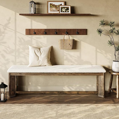 LITTLE TREE 63" Upholstered Bench, Solid Wood Entryway Shoe Bench with Cushion, Long Modern Farmhouse End of Bed Bench with Antique Brown Legs & Faux Lamb Fur Seat for Bedroom, Living Room, Dining