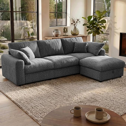Ihanherry Cloud Sectional Couches for Living Room, 110" Large Modular Sectional Sofa with Wide Deep Seat, L Shaped Couch with Throw Pillow and Storage Ottoman, Dark Grey