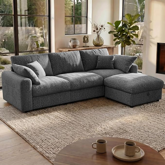 Ihanherry Cloud Sectional Couches for Living Room, 110" Large Modular Sectional Sofa with Wide Deep Seat, L Shaped Couch with Throw Pillow and Storage Ottoman, Dark Grey