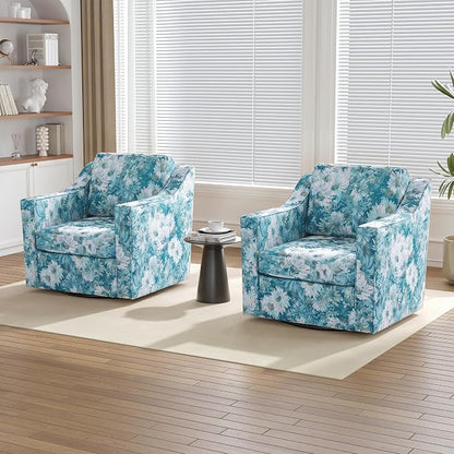 Swivel Accent Chairs Set of 2, 360° Swivel Upholstered Club Armchairs for Living Room, Comfy Fabric Single Sofa Reading Chair with Deep Seat, Metal Swivel Base, Cyan Blooms