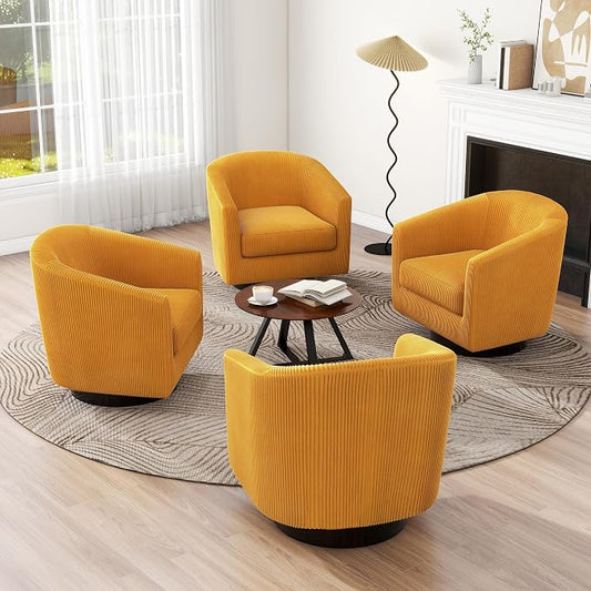 Swivel Accent Chair, Upholstered Corduroy Barrel Chair for Living Room, Small Single Sofa Bedroom Reading Seat, Set of 4, Orange