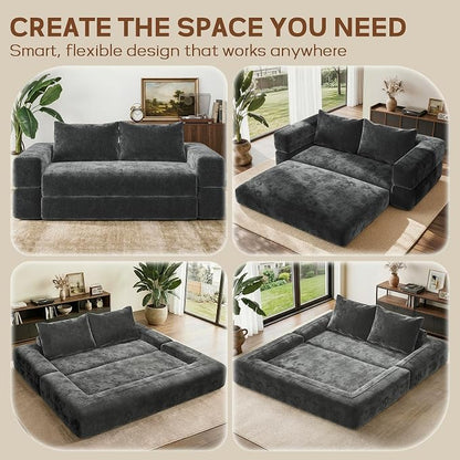 75'' Folding Convertible Sofa Bed with Large Pillow, 4-in-1 Foldable Pull Out Futon Sofa Bed, Chenille Boneless Mattress Couch, No Assembly Floor Sleeper Sofa Bed for Living Room/Bedroom, Dark Gray