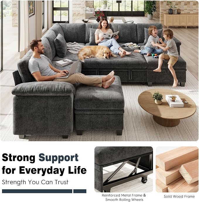 Ihanherry 108" Modular Sectional Sofa with Pull Out Bed, 9-Seater U Shaped Sectional Sleeper Couch with Storage, Chenille Convertible Couches for Living Room, Apartment (Grey)