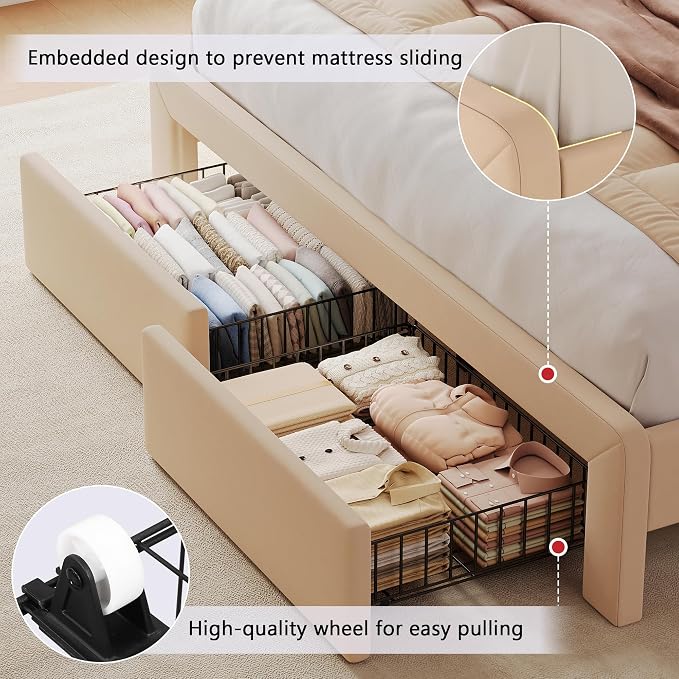Feonase Queen Upholstered Bed Frame with Headboard and 2 Storage Drawers, Built-in Charging Station, Velvet Platform LED Bed with Solid Wood Slat Support, No Box Spring Needed, Beige