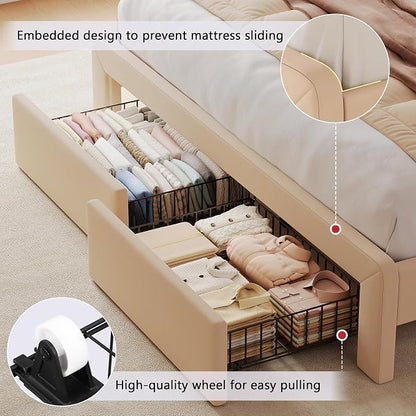 Feonase Full Upholstered Bed Frame with Headboard and 2 Storage Drawers, Built-in Charging Station, Velvet Platform LED Bed with Solid Wood Slat Support, No Box Spring Needed, Beige