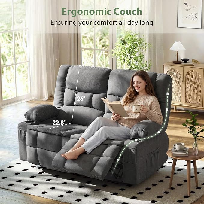 Loveseat Recliner Sofa with Massage and Heat, Wall Hugger Reclining Loveseat with USB Port, Cup Holders & Pockets, 2-Seat Recliner for Living Room, RV, Home Theater, Reclining Couch, Grey