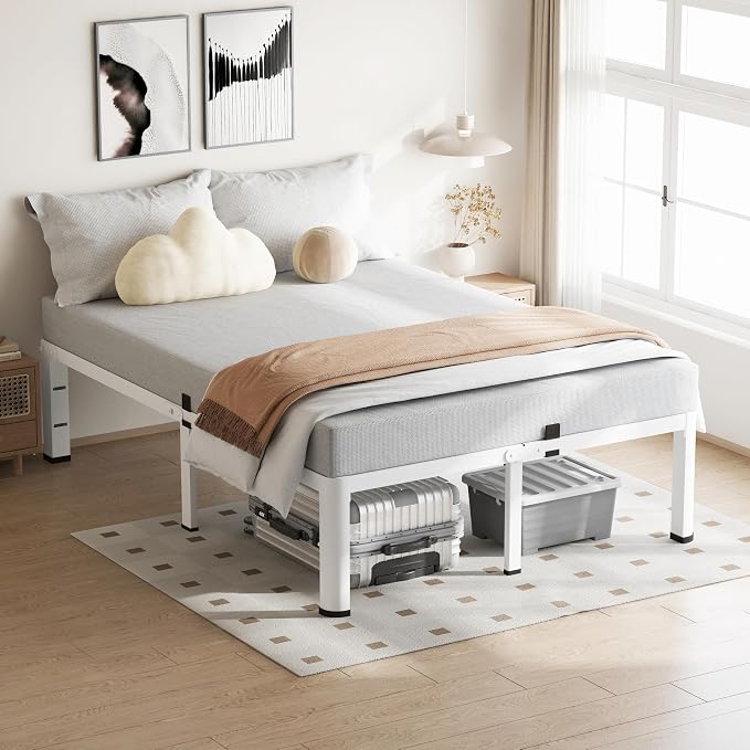 VIPSHOW 20 Inch King Size White Bed Frame, 3500Lbs Heavy Duty Metal Platform with Round Corner Legs Mattress Slide Stopper, Steel Slat Support No Box Spring Needed, Noise Free, Non-Slip, Easy Assembly
