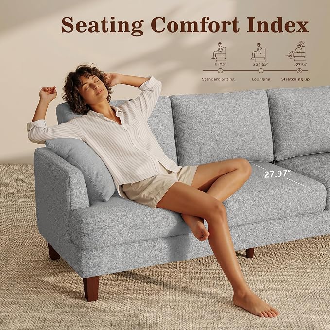Gericco Mid Century Modern Couches for Living Room, 89" Comfy Grey Couch Sofa with 3-Seater Deep Seats, Upholstered Sofas for Living Room, Office Apartment, Bedroom, Light Grey