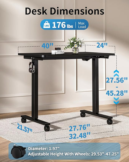 Okin Electric Standing Desk, 40 x 24 Inches Whole Piece Height Adjustable Desk, Black Sit to Stand Desks Computer Workstation with Wheels for Home Office