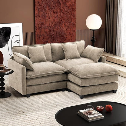Ihanherry 77" L Shaped Modern Sofa Modular Sectional Luxurious and Comfortable with Ottoman, 3-Seat Chenille Deep Seat Sofa with Pillow for Living Room, Bedroom and Apartment,Sand