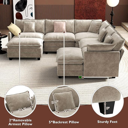 Ihanherry 114" V-Shaped Modern Sofa Modular Sectional Luxurious and Comfortable with 2 Ottoman, 7-Seat Chenille Deep Seat Sofa with Corner Section for Living Room, Bedroom and Apartment, Sand