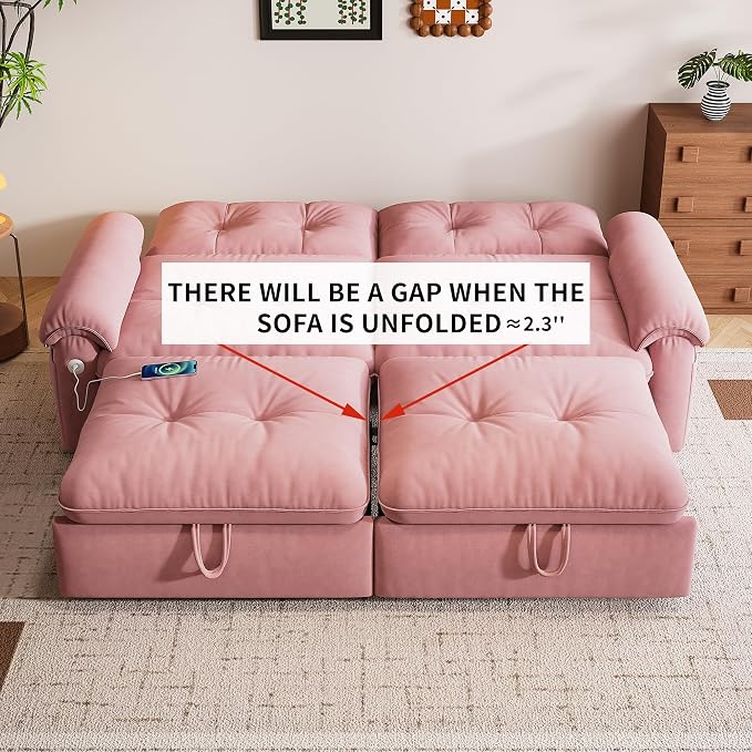 77.2'' Pull Out Couch Full Size, Pre-Assembled Sleeper Sofa Bed, Flannel Convertible Futon Sofa Bed with Adjustable Backrest, USB, Side Pockets, Loveseat for Living Room, Apartment, Pink