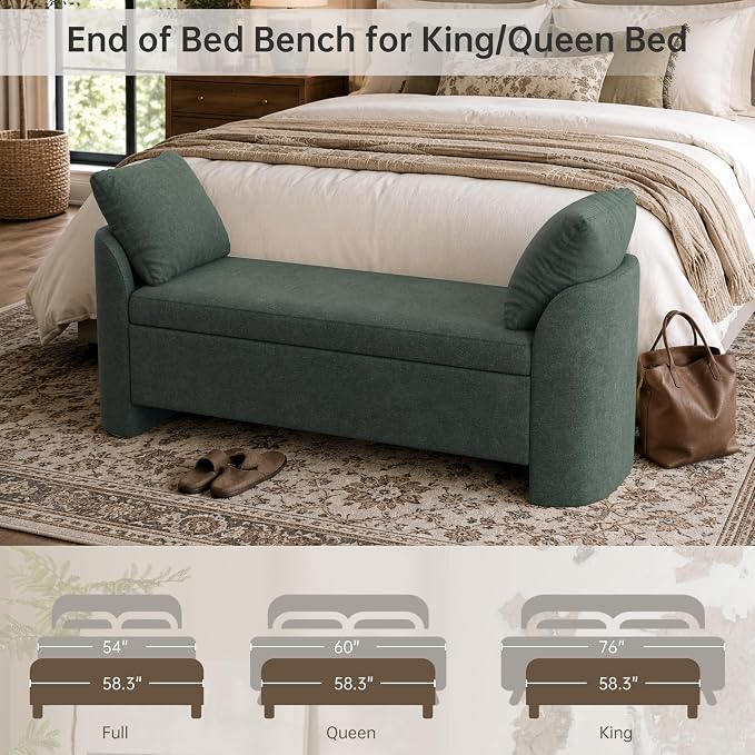 Usaint 58.3" Storage Ottoman Bench with Pillows, Upholstered End of Bed Bench with Arms, Footrest Stool Bench for Bedroom, Living, Window, Entryway and Hallway, Green