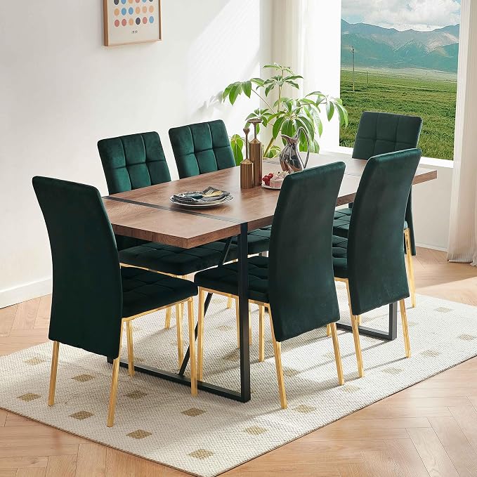 NORDICANA Upholstered Velvet Dining Chairs for 6, Classic High Back Kitchen Chairs Set of 6, Tufted Side Chairs, Golden Color Metal Legs, Forest Green