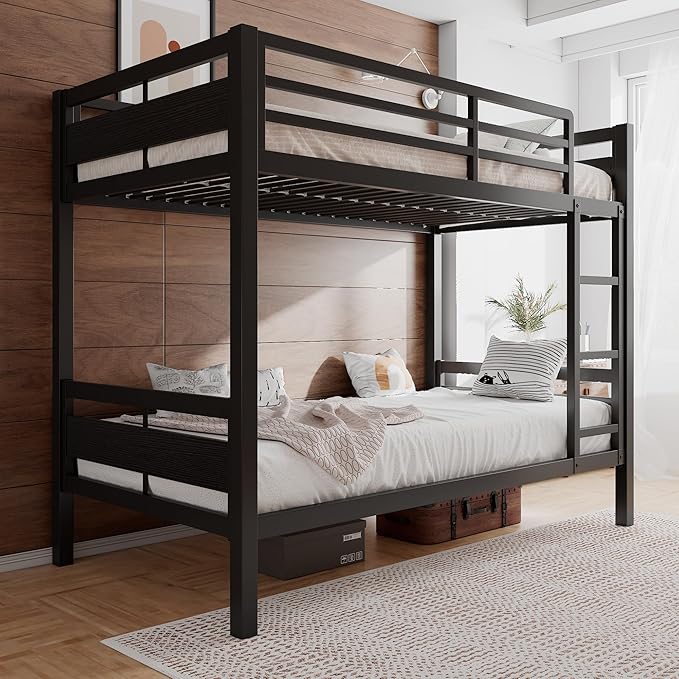 Einhomn Bunk Bed Twin Over Twin, Heavy Duty Metal Bed with Ladder and Full-Length Guardrail, Under-Bed Storage Space, No Box Spring Needed, Noise Free, Black