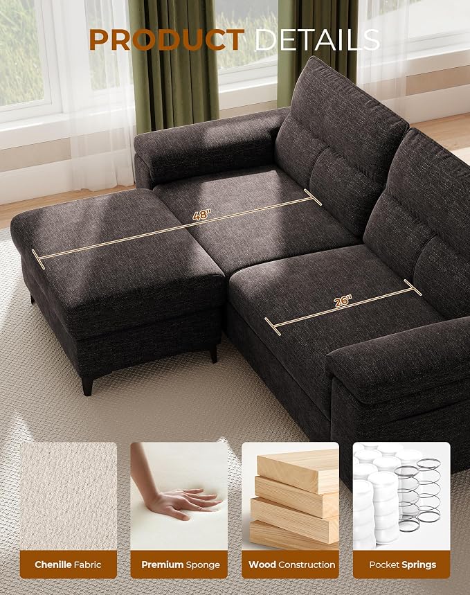 88.97" L Shaped Sectional Couches for Living Room, Deep Seat Sofa with Storage Ottoman & 8”Cushion, Comfy 2-Seater Chenille Loveseat, Convertible Armrest, Removable Cover for Small Space(Dark Gray)